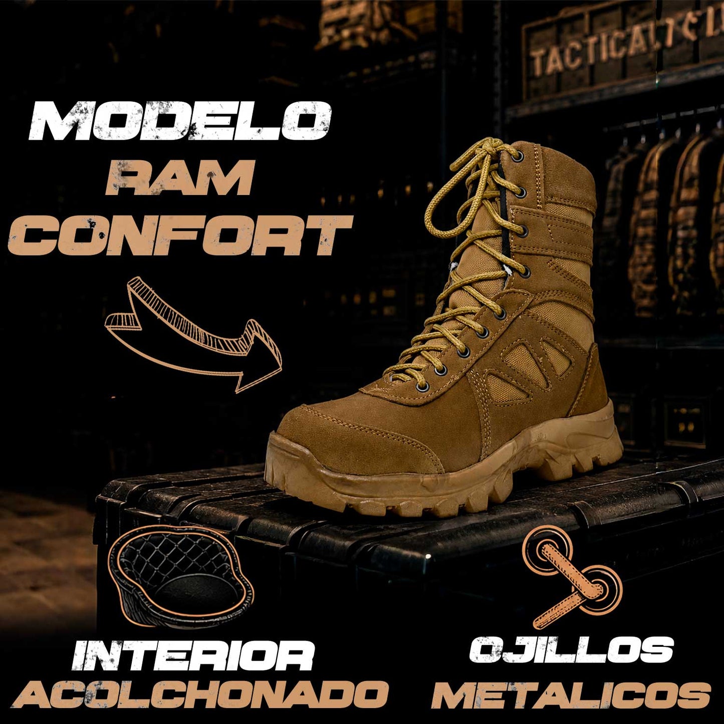 BOTAS TACTICAS RAM se muestra imagen de bota táctica con detalle en ojillos metálicos e interior acolchonado, resaltando mayor resistencia en el sistema de ajuste, mejor confort al usarla y soporte cómodo para jornadas prolongadas.