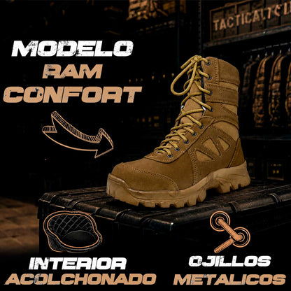 BOTAS TACTICAS RAM se muestra imagen de bota táctica con detalle en ojillos metálicos e interior acolchonado, resaltando mayor resistencia en el sistema de ajuste, mejor confort al usarla y soporte cómodo para jornadas prolongadas.