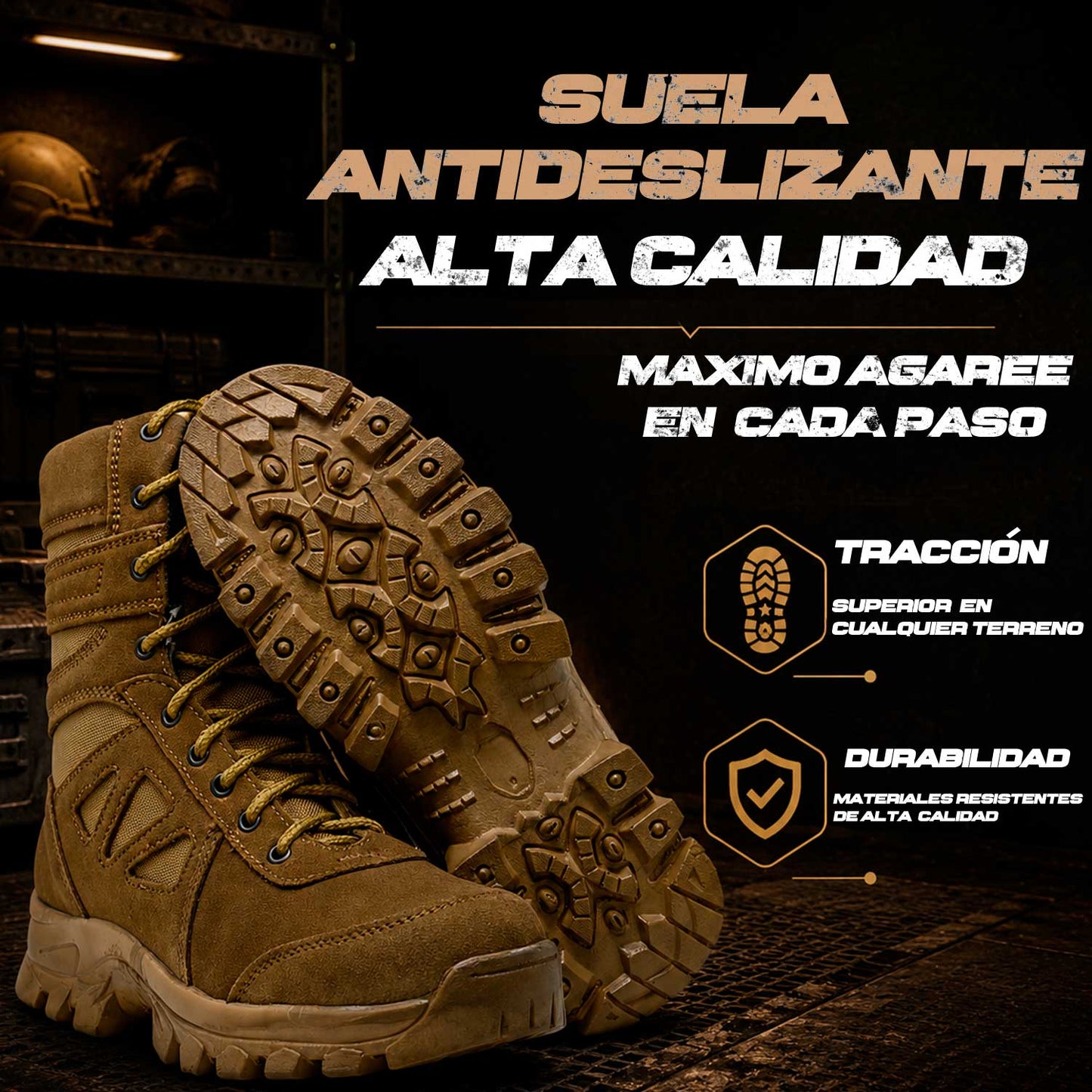 BOTAS TACTICAS RAM se muestra imagen de bota táctica con acercamiento a la suela, destacando el agarre, la resistencia y el diseño pensado para brindar estabilidad en diferentes superficies.