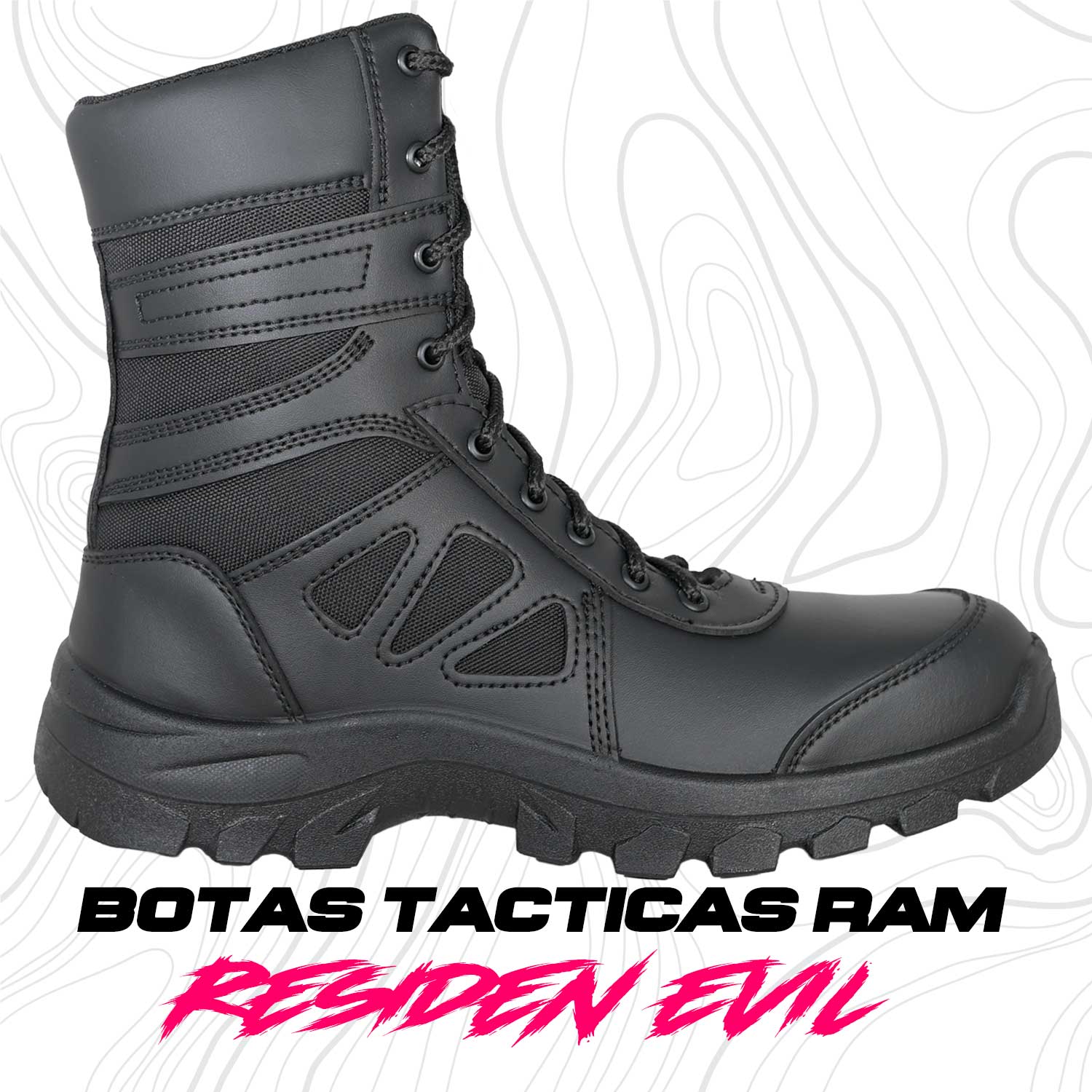 BOTAS TACTICAS RAM se muestra imagen de bota táctica color negro en vista lateral, destacando el perfil completo del calzado, su diseño de caña media y su estilo deportivo táctico.