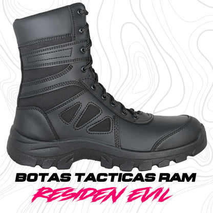 BOTAS TACTICAS RAM se muestra imagen de bota táctica color negro en vista lateral, destacando el perfil completo del calzado, su diseño de caña media y su estilo deportivo táctico.
