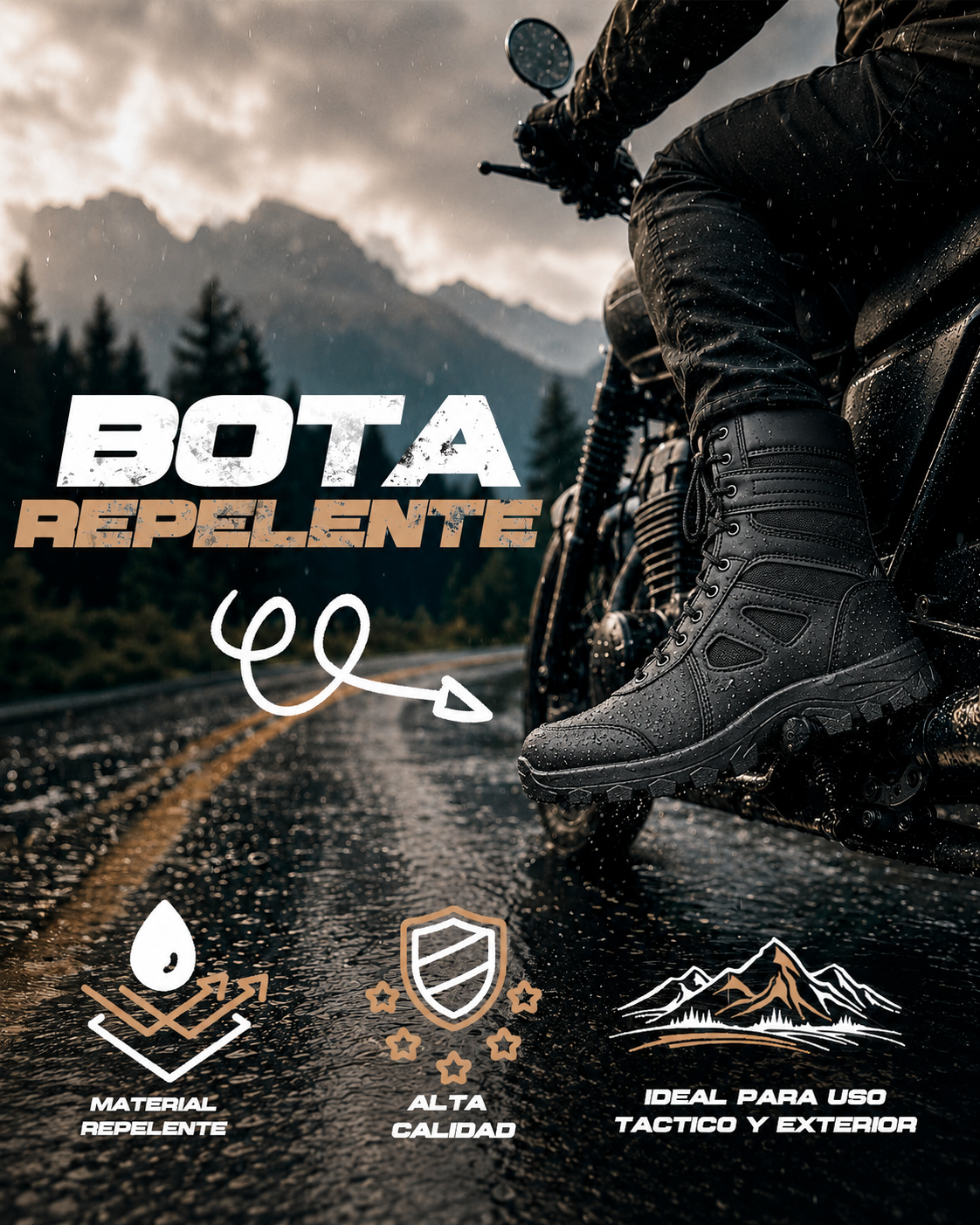 BOTAS TACTICAS RAM se muestra imagen de bota táctica en motocicleta, ideal para resaltar su uso en moto, su comodidad y su diseño resistente para actividades diarias y recorridos urbanos.