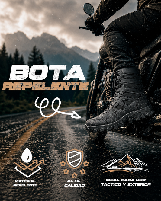 BOTAS TACTICAS RAM se muestra imagen de bota táctica en motocicleta, ideal para resaltar su uso en moto, su comodidad y su diseño resistente para actividades diarias y recorridos urbanos.