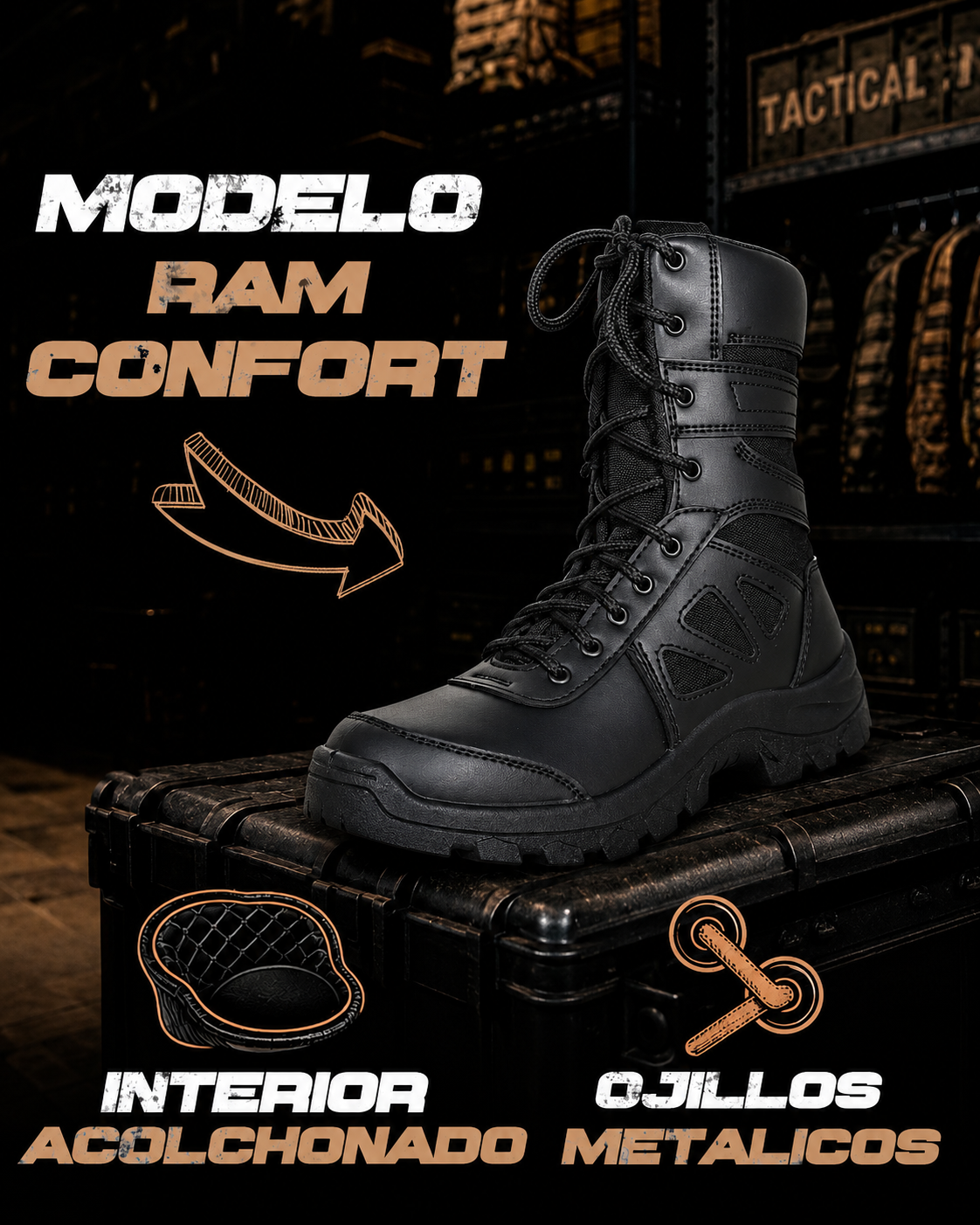 BOTAS TACTICAS RAM se muestra imagen de bota táctica con detalle en ojillos metálicos e interior acolchonado, resaltando mayor resistencia en el sistema de ajuste, mejor confort al usarla y soporte cómodo para jornadas prolongadas.
