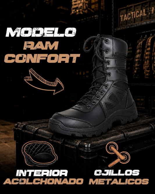 BOTAS TACTICAS RAM se muestra imagen de bota táctica con detalle en ojillos metálicos e interior acolchonado, resaltando mayor resistencia en el sistema de ajuste, mejor confort al usarla y soporte cómodo para jornadas prolongadas.