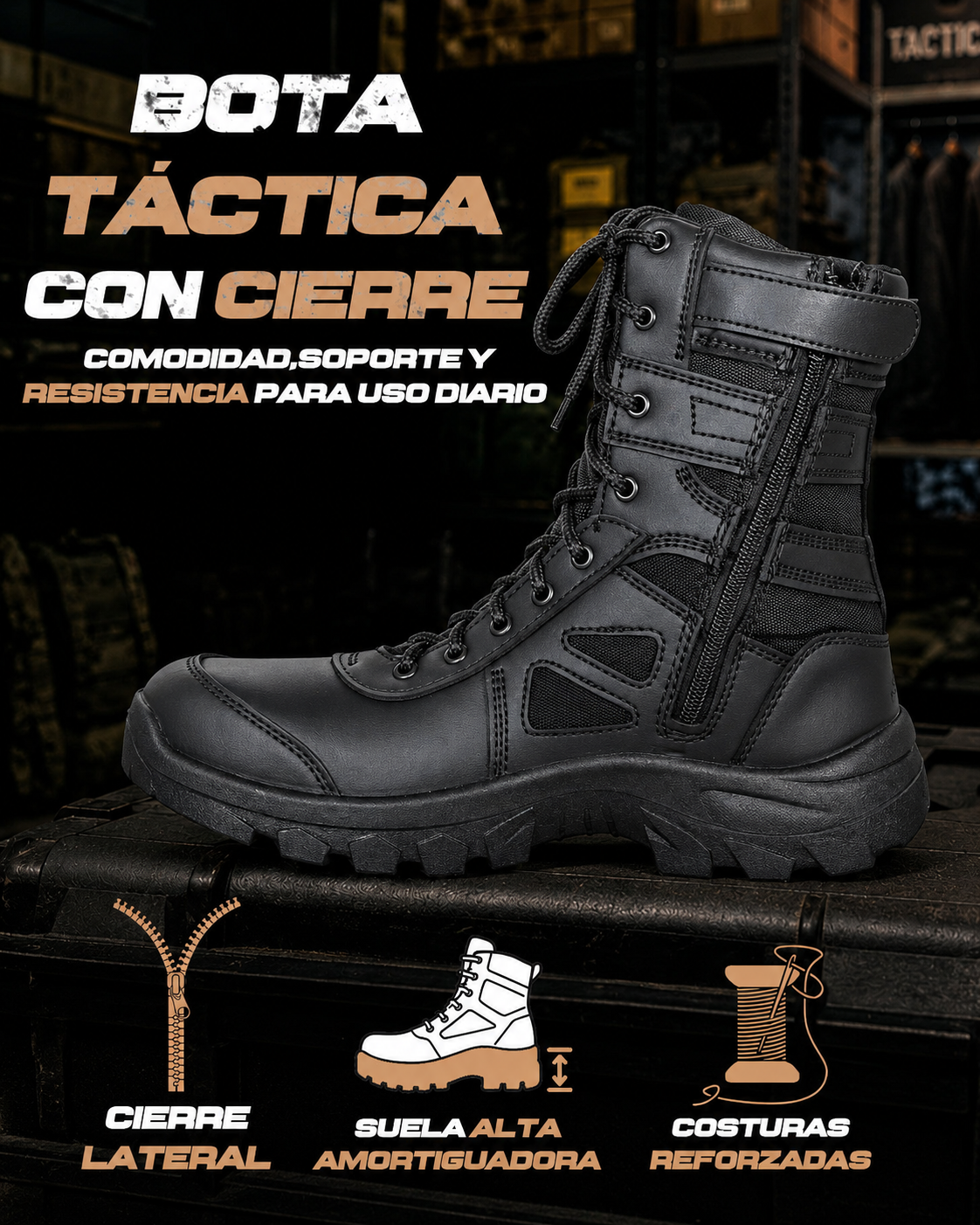 BOTAS TACTICAS RAM se muestra imagen de bota táctica destacando el cierre lateral de fácil acceso, la suela alta con amortiguación para mayor comodidad al caminar y las costuras reforzadas, diseñadas para brindar resistencia y durabilidad en el uso diario.