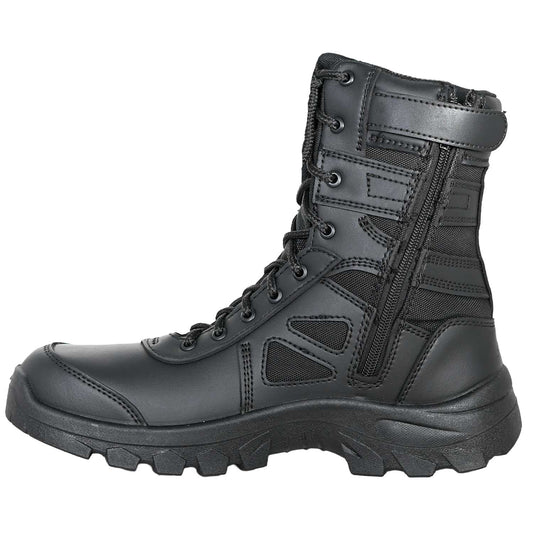 BOTAS TACTICAS RAM se muestra imagen de bota táctica en perfil lateral, donde se aprecia la suela antiderrapante, la forma ergonómica y el diseño innovador en los costados.