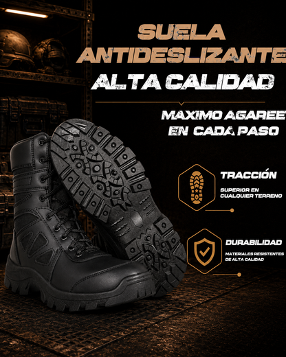 BOTAS TACTICAS RAM se muestra imagen de bota táctica con acercamiento a la suela, destacando el agarre, la resistencia y el diseño pensado para brindar estabilidad en diferentes superficies.