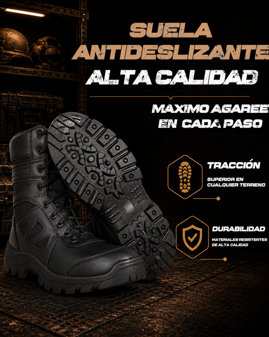BOTAS TACTICAS RAM se muestra imagen de bota táctica con acercamiento a la suela, destacando el agarre, la resistencia y el diseño pensado para brindar estabilidad en diferentes superficies.