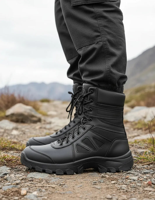 BOTAS TACTICAS RAM se muestra foto de contexto en el desierto con un modelo, destacando el uso de la bota en exteriores, su estilo táctico, su resistencia para actividades al aire libre y su diseño ideal para trabajo, exploración o aventura.