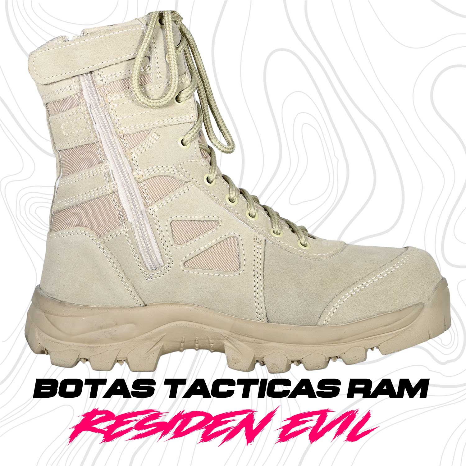BOTAS TACTICAS RAM se muestra imagen de bota táctica color kaki en vista lateral, destacando el perfil completo del calzado, su diseño de caña media y su estilo deportivo táctico.