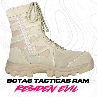 BOTAS TACTICAS RAM se muestra imagen de bota táctica color kaki en vista lateral, destacando el perfil completo del calzado, su diseño de caña media y su estilo deportivo táctico.