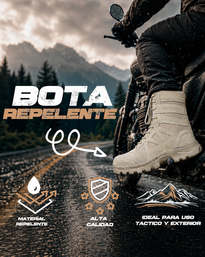 BOTAS TACTICAS RAM se muestra imagen de bota táctica en motocicleta, ideal para resaltar su uso en moto, su comodidad y su diseño resistente para actividades diarias y recorridos urbanos.