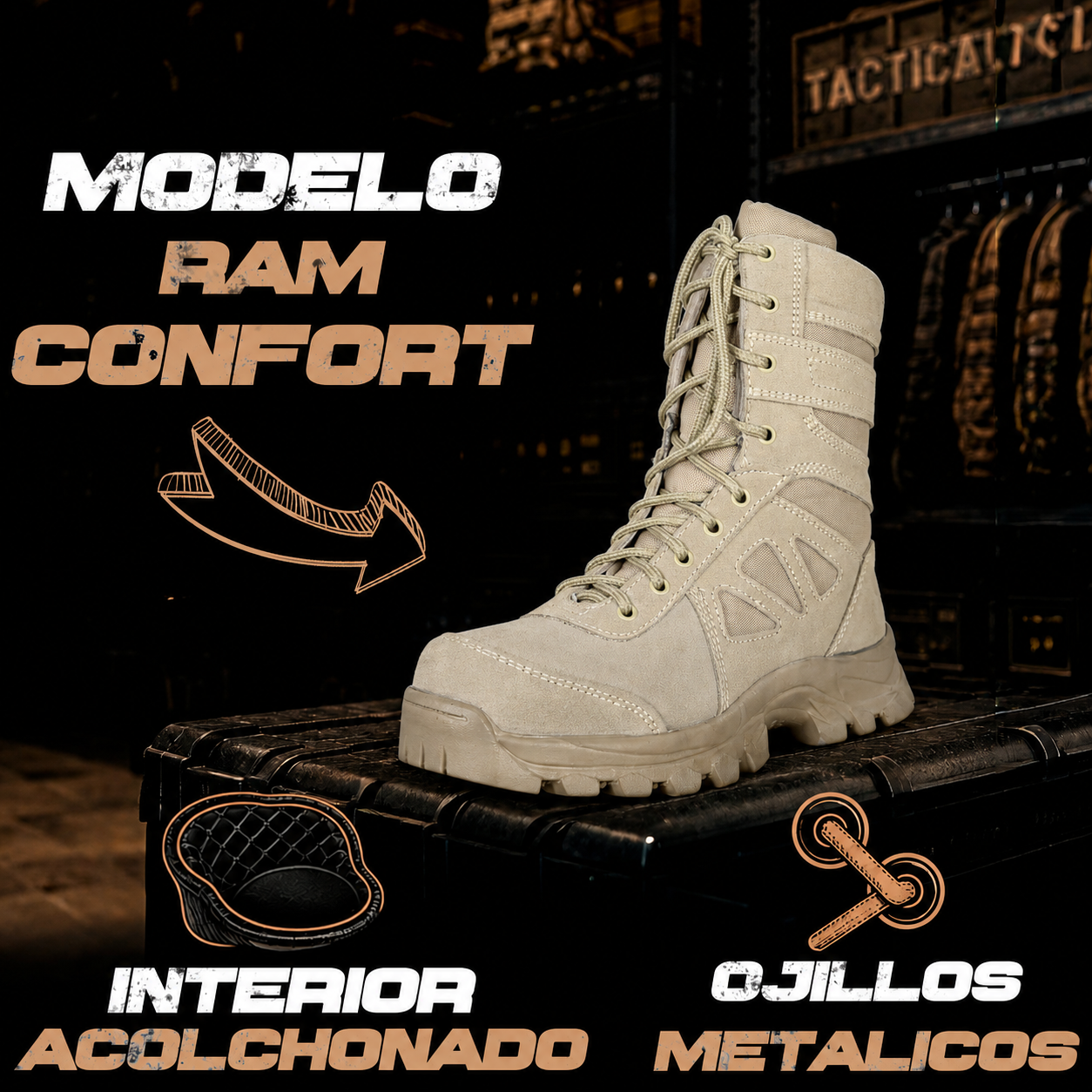 BOTAS TACTICAS RAM se muestra imagen de bota táctica con detalle en ojillos metálicos e interior acolchonado, resaltando mayor resistencia en el sistema de ajuste, mejor confort al usarla y soporte cómodo para jornadas prolongadas.