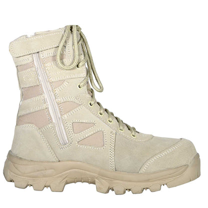 BOTAS TACTICAS RAM se muestra imagen de bota táctica en perfil lateral, donde se aprecia la suela antiderrapante, la forma ergonómica y el diseño innovador en los costados.