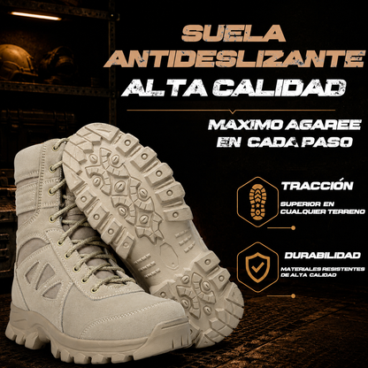 BOTAS TACTICAS RAM se muestra imagen de bota táctica con acercamiento a la suela, destacando el agarre, la resistencia y el diseño pensado para brindar estabilidad en diferentes superficies.