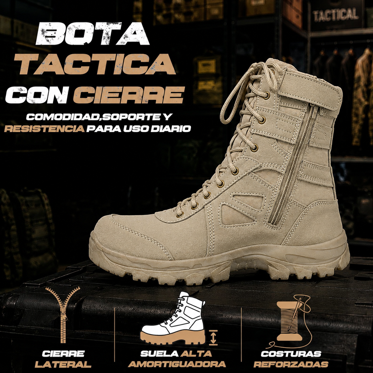 BOTAS TACTICAS RAM se muestra imagen de bota táctica destacando el cierre lateral de fácil acceso, la suela alta con amortiguación para mayor comodidad al caminar y las costuras reforzadas, diseñadas para brindar resistencia y durabilidad en el uso diario.