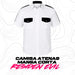 Se muestra camisa manga corta de seguridad privada en vista frontal, destacando su diseño profesional en color blanco con detalles negros.