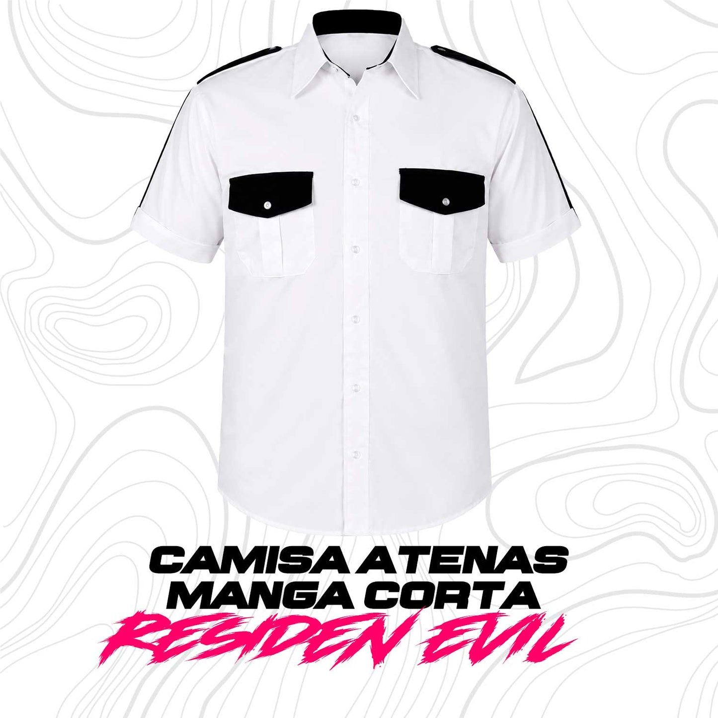 Se muestra camisa manga corta de seguridad privada en vista frontal, destacando su diseño profesional en color blanco con detalles negros.