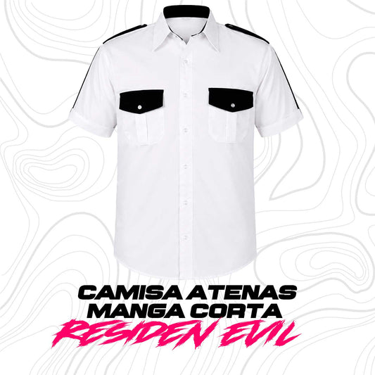 Se muestra camisa manga corta de seguridad privada en vista frontal, destacando su diseño profesional en color blanco con detalles negros.