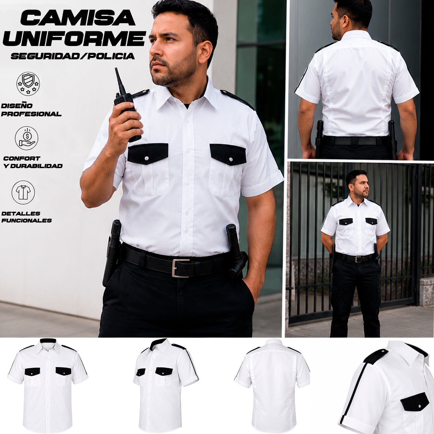 Se muestran las características principales de la camisa manga corta de seguridad privada, como manga corta, bolsillos frontales, hombreras, detalles negros y diseño cómodo.
