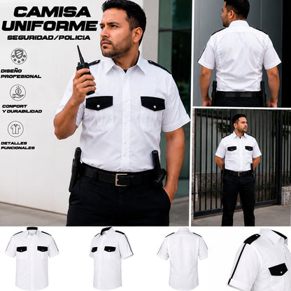 Se muestran las características principales de la camisa manga corta de seguridad privada, como manga corta, bolsillos frontales, hombreras, detalles negros y diseño cómodo.