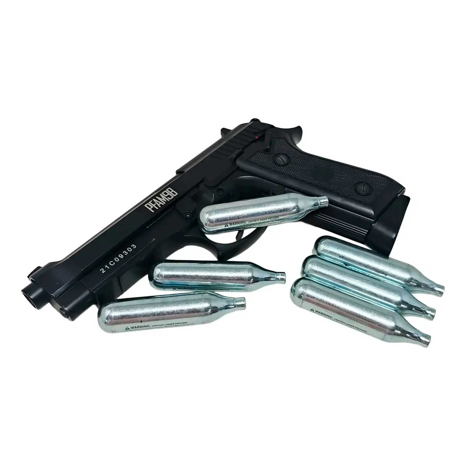 Se Muestra pistola 4.5mm con tanques de  de co2 de 12g se mutra compatibilidad cvon el arma  