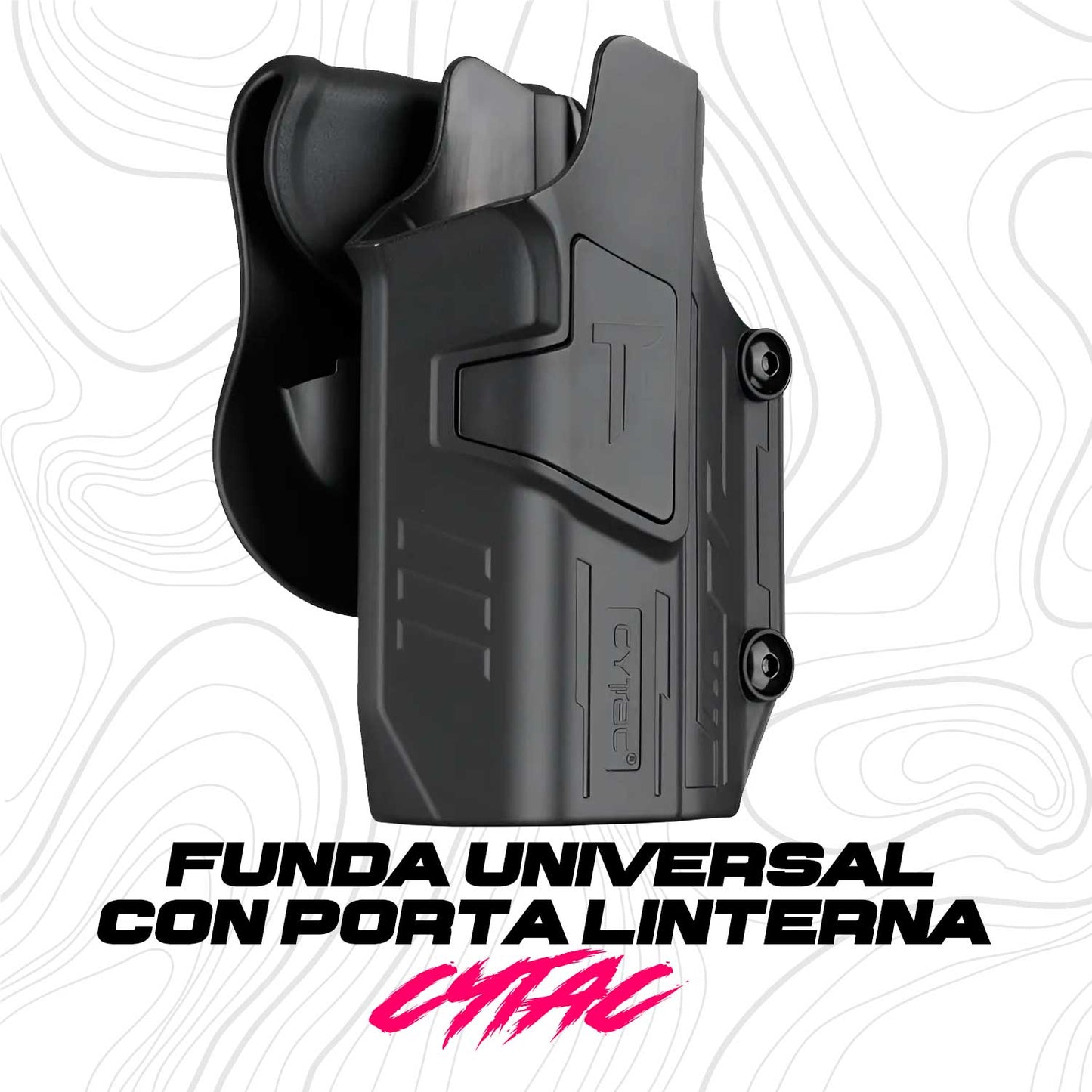 Funda Mega-Fit diseñada para más de 150 modelos de pistolas. Requiere la luz TLR-1 o TLR-2 para funcionar correctamente.