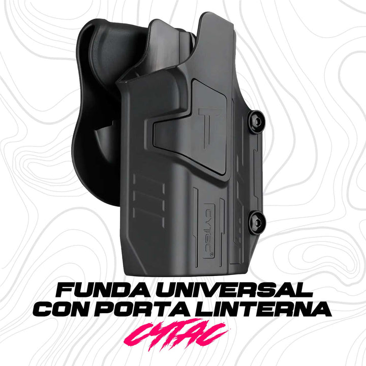 Funda Mega-Fit diseñada para más de 150 modelos de pistolas. Requiere la luz TLR-1 o TLR-2 para funcionar correctamente.