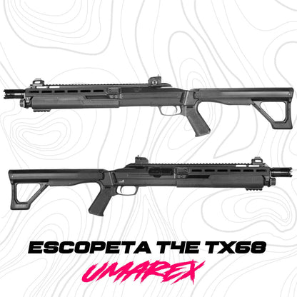 Se muestra escopeta traumática T4E TX68 en vista lateral izquierda, destacando su diseño táctico robusto, construcción en polímero de alta resistencia y componentes metálicos, ideal para defensa personal y protección del hogar con sistema CO2 calibre .68.