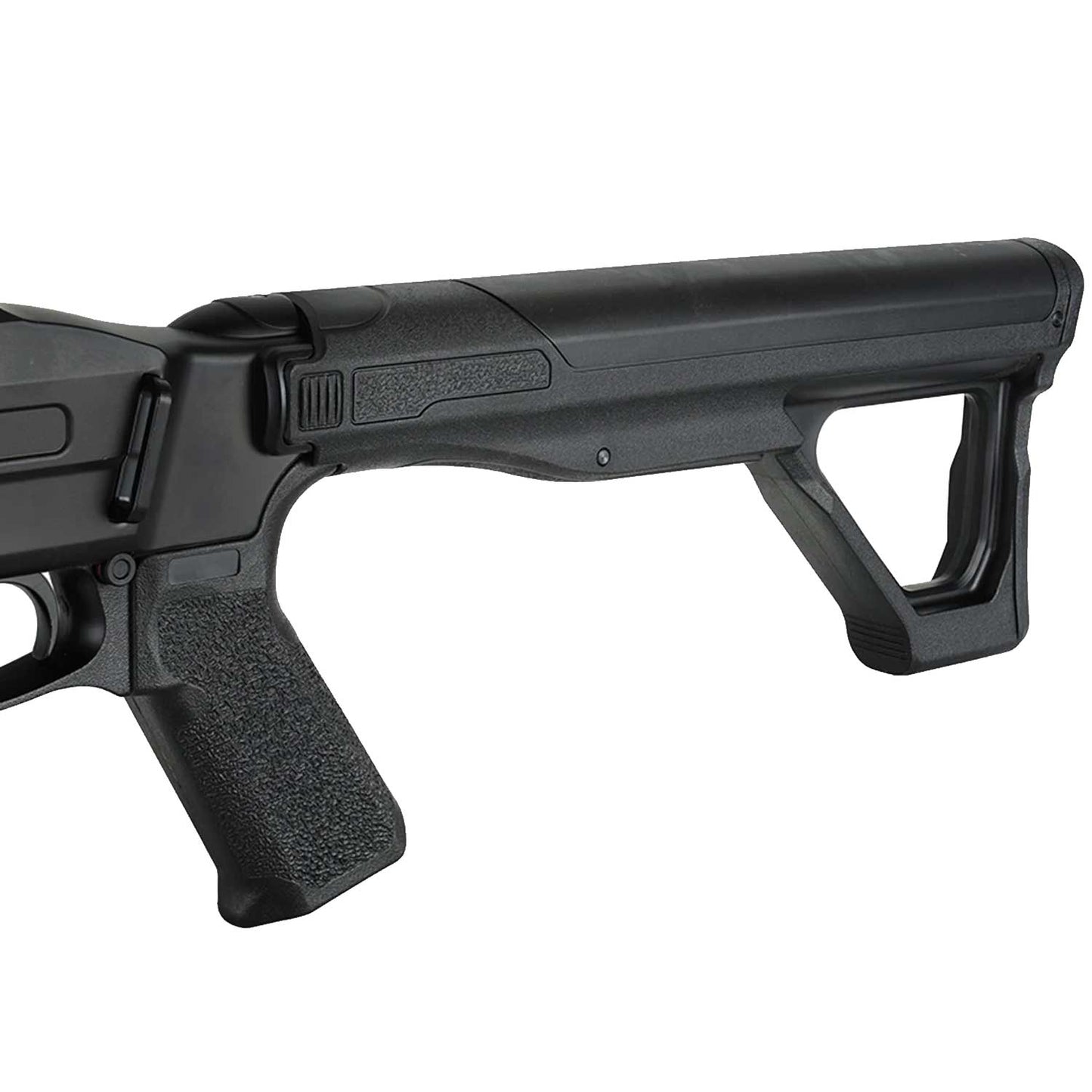 Se muestra escopeta traumática T4E TX68 resaltando su culata de polímero ergonómica, diseñada para brindar estabilidad, comodidad y control durante su uso en situaciones de protección y entrenamiento.