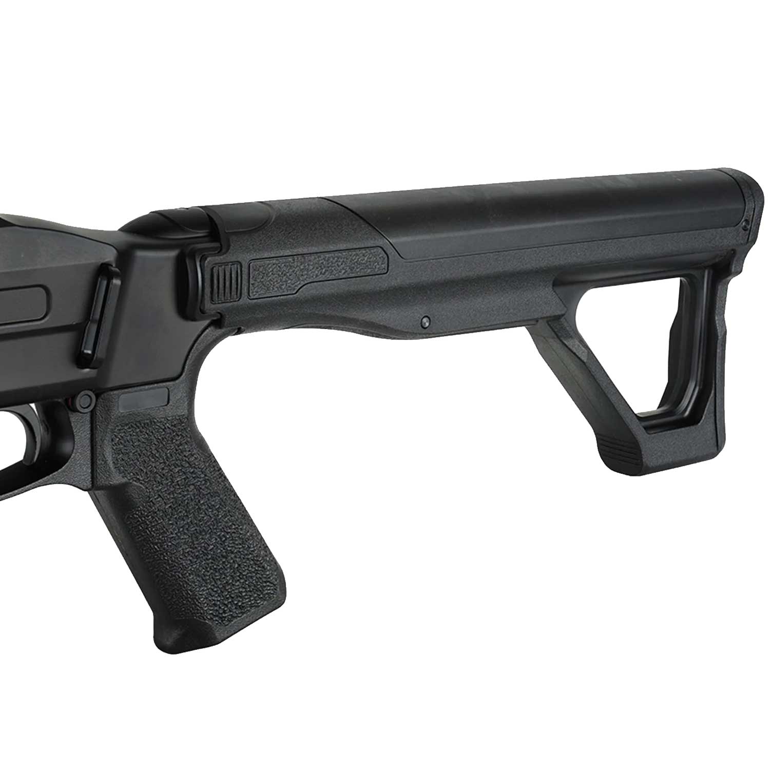 Se muestra escopeta traumática T4E TX68 resaltando su culata de polímero ergonómica, diseñada para brindar estabilidad, comodidad y control durante su uso en situaciones de protección y entrenamiento.