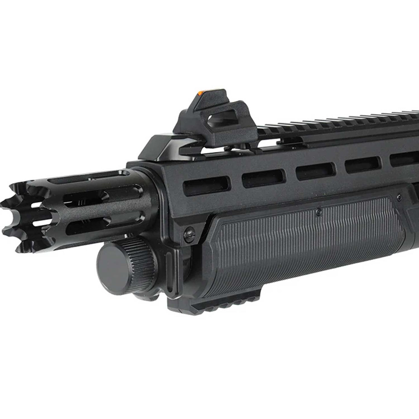 Se muestra escopeta traumática T4E TX68 con acercamiento a la boca del cañón, destacando el diseño tipo punta para impacto o golpe, pensado para reforzar su función disuasiva en escenarios de defensa personal.