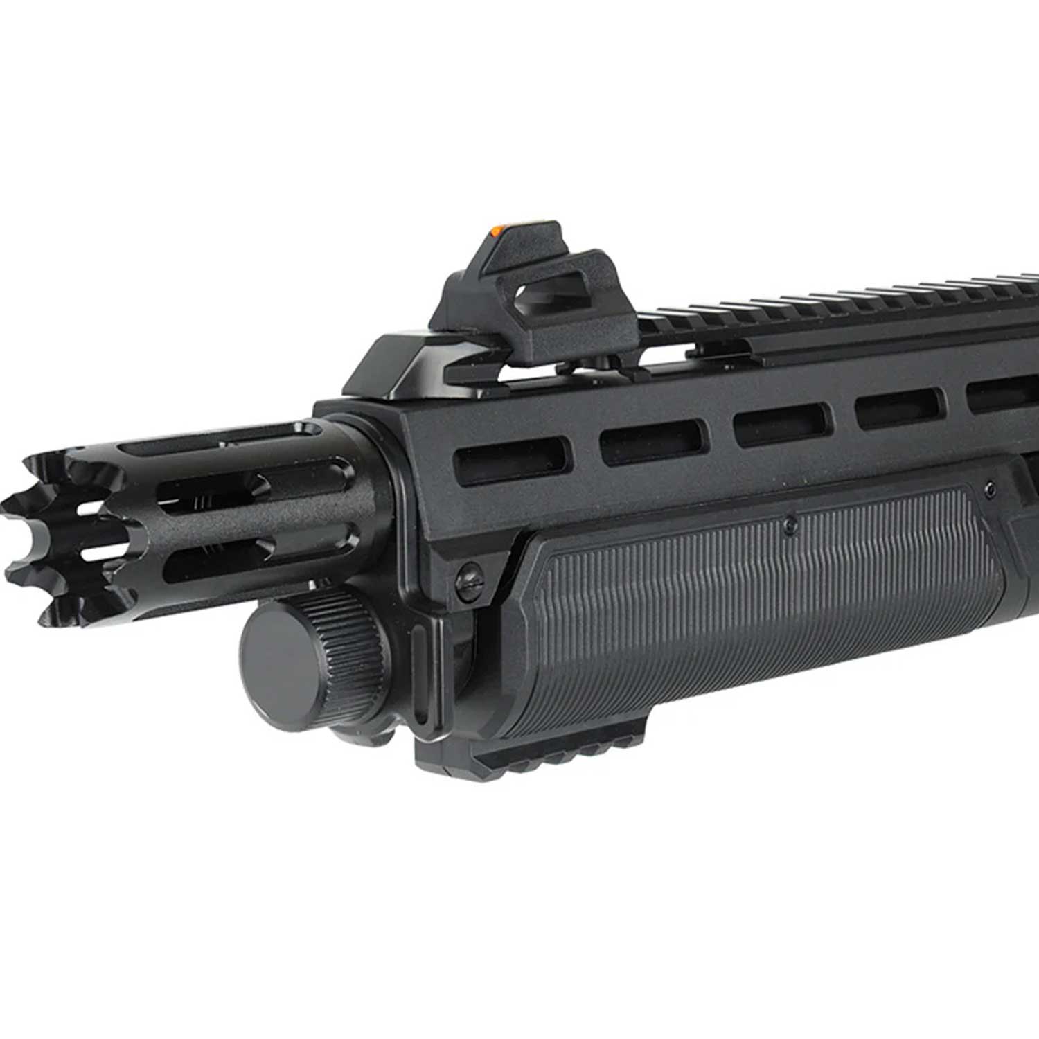 Se muestra escopeta traumática T4E TX68 con acercamiento a la boca del cañón, destacando el diseño tipo punta para impacto o golpe, pensado para reforzar su función disuasiva en escenarios de defensa personal.