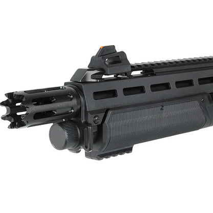 Se muestra escopeta traumática T4E TX68 con acercamiento a la boca del cañón, destacando el diseño tipo punta para impacto o golpe, pensado para reforzar su función disuasiva en escenarios de defensa personal.