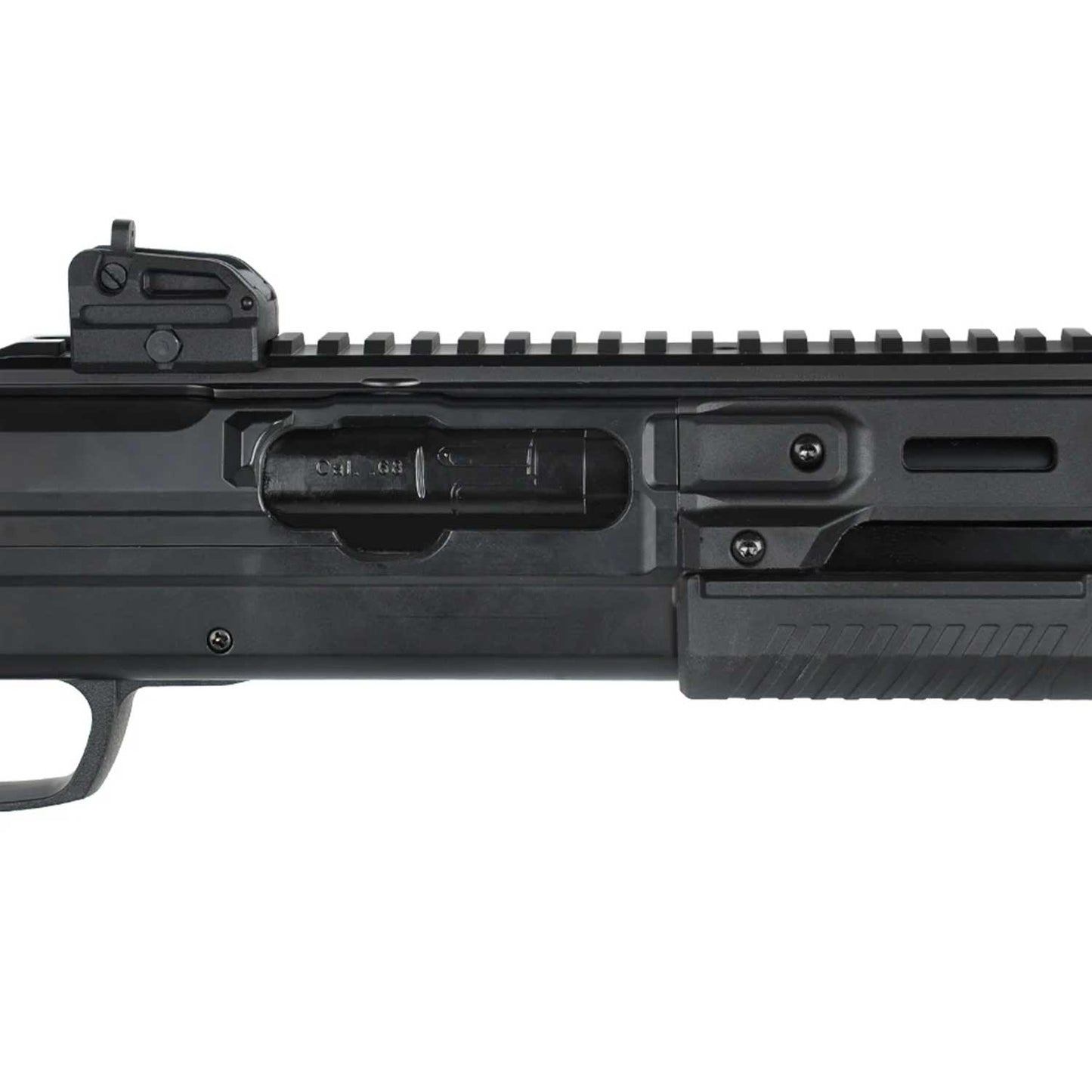 Se muestra escopeta traumática T4E TX68 con detalle del cuerpo principal, evidenciando su diseño táctico moderno, líneas agresivas y materiales de alta calidad que garantizan durabilidad y desempeño.