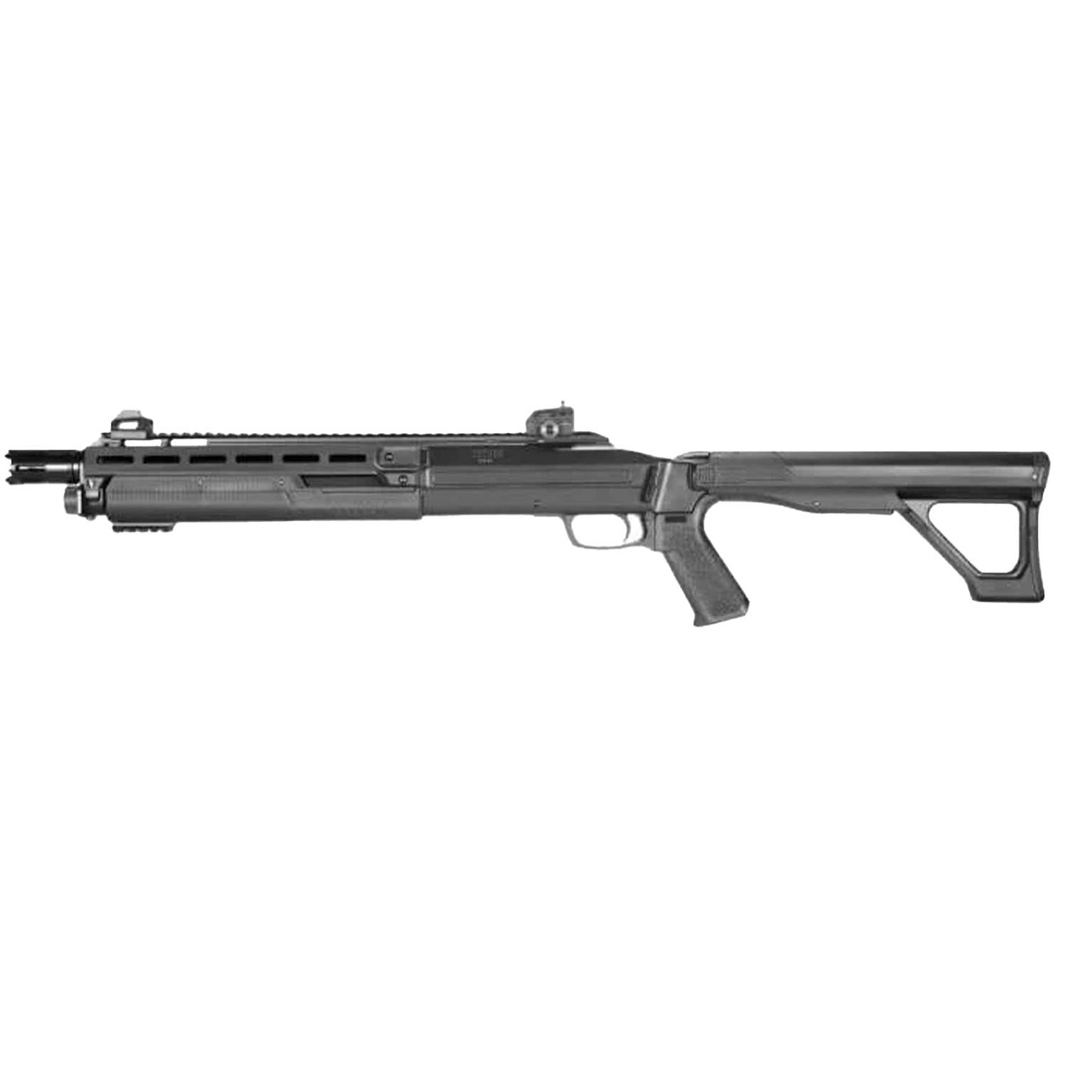 Se muestra escopeta traumática T4E TX68 en ángulo lateral mostrando su sistema de acción por bombeo, proporcionando una experiencia realista y controlada en cada disparo, ideal para entrenamiento táctico.