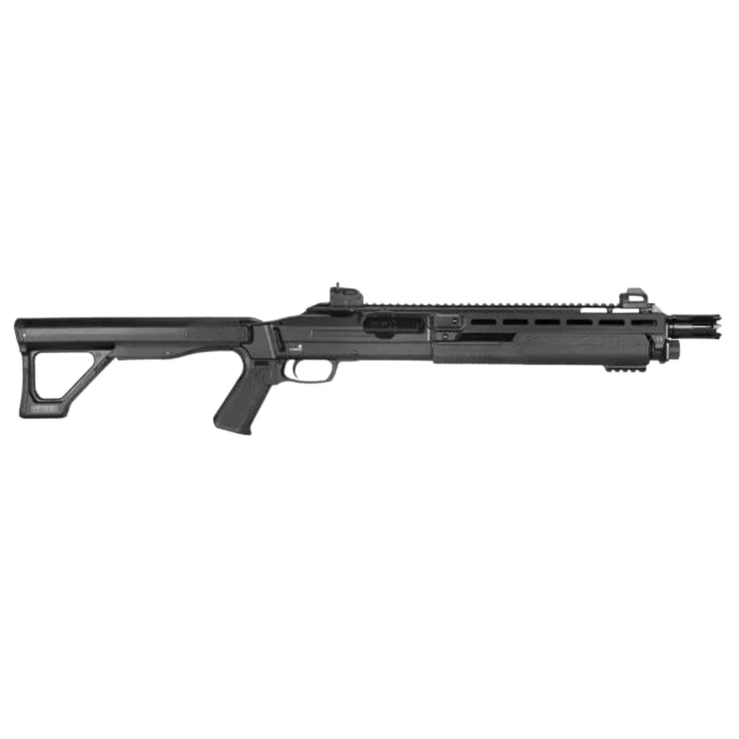 Se muestra escopeta traumática T4E TX68 en vista lateral izquierda, destacando su diseño táctico robusto, construcción en polímero de alta resistencia y componentes metálicos, ideal para defensa personal y protección del hogar con sistema CO2 calibre .68.