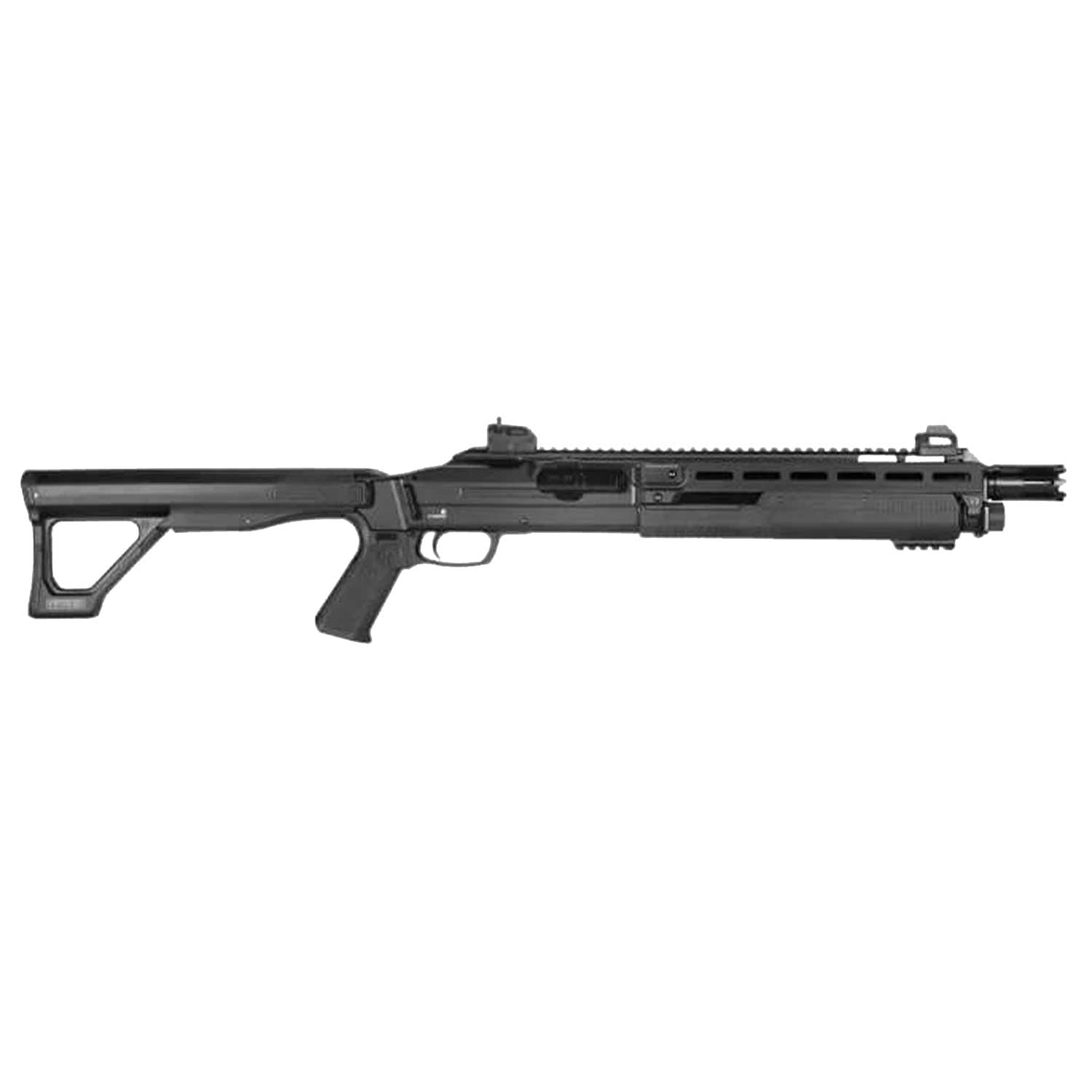 Se muestra escopeta traumática T4E TX68 en vista lateral izquierda, destacando su diseño táctico robusto, construcción en polímero de alta resistencia y componentes metálicos, ideal para defensa personal y protección del hogar con sistema CO2 calibre .68.