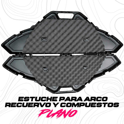 Se muestra estuche para arcos Plano en vista lateral abierto con un arco en su interior, destacando su diseño rígido, la espuma protectora y la forma en que ayuda a mantener el equipo seguro durante el transporte.