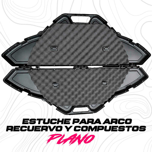 Se muestra estuche para arcos Plano en vista lateral abierto con un arco en su interior, destacando su diseño rígido, la espuma protectora y la forma en que ayuda a mantener el equipo seguro durante el transporte.