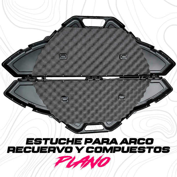 Se muestra estuche para arcos Plano en vista lateral abierto con un arco en su interior, destacando su diseño rígido, la espuma protectora y la forma en que ayuda a mantener el equipo seguro durante el transporte.