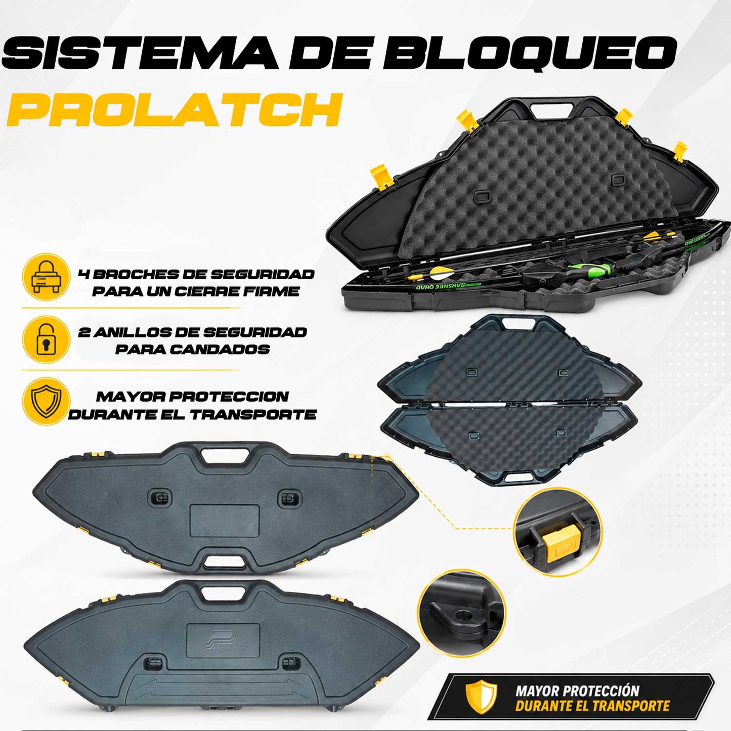 Se muestra estuche para arcos Plano con especificaciones del producto, indicando medidas internas, espesor interior de 6.3 cm y peso aproximado de 1.5 kg para mostrar su capacidad y practicidad.
