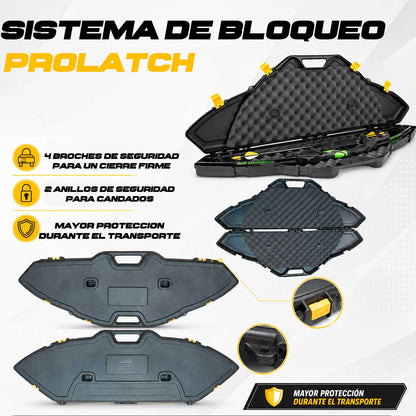 Se muestra estuche para arcos Plano con especificaciones del producto, indicando medidas internas, espesor interior de 6.3 cm y peso aproximado de 1.5 kg para mostrar su capacidad y practicidad.