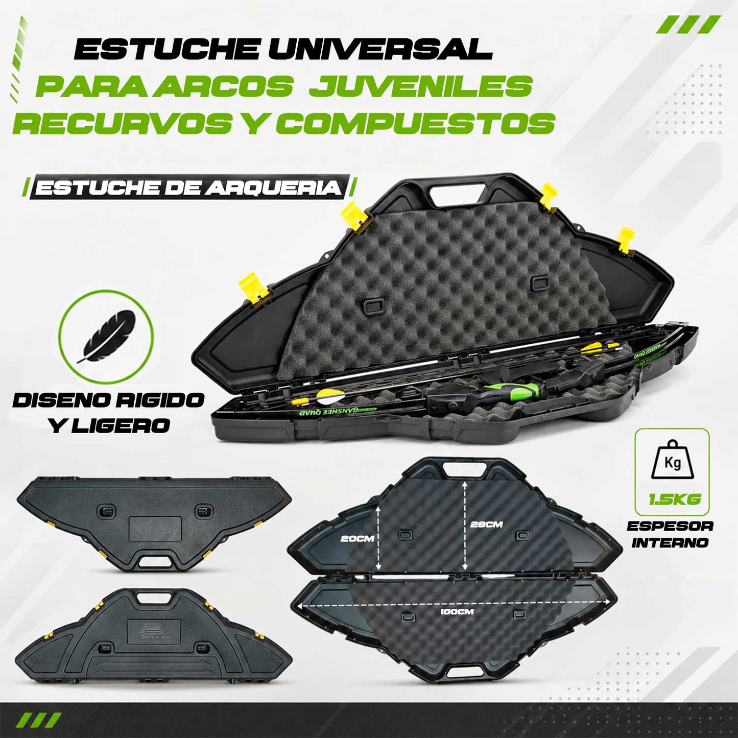 Se muestra estuche para arcos Plano con detalle de la espuma protectora interna, mostrando cómo el acolchado ayuda a absorber impactos y mantener el arco fijo dentro del estuche.