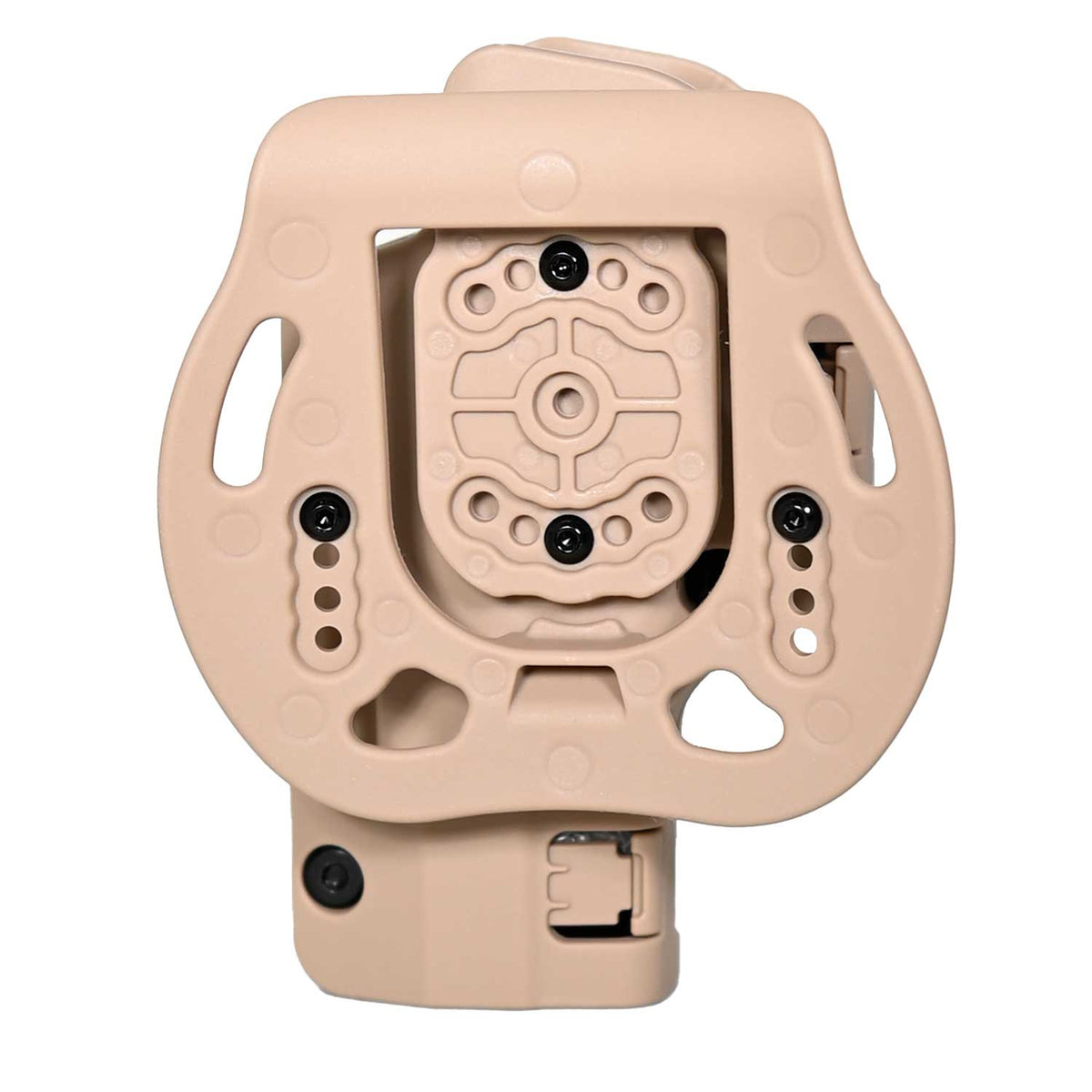 Se muestra la FUNDA PARA PISTOLA GLOCK 17 en una vista detallada de su montaje al cinturón y sus puntos de fijación.