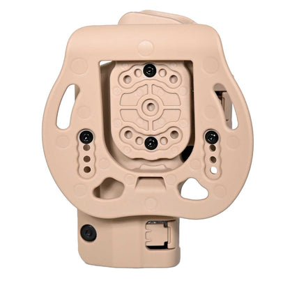 Se muestra la FUNDA PARA PISTOLA GLOCK 17 en una vista detallada de su montaje al cinturón y sus puntos de fijación.