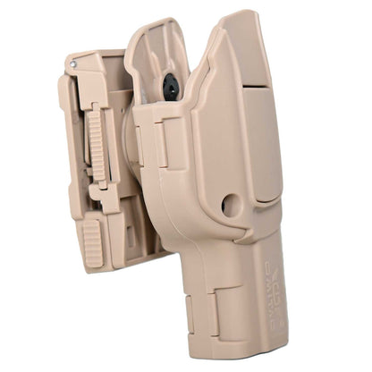 Se muestra la FUNDA PARA PISTOLA GLOCK 17 con detalle del ajuste alrededor del arma y su sistema de retención.