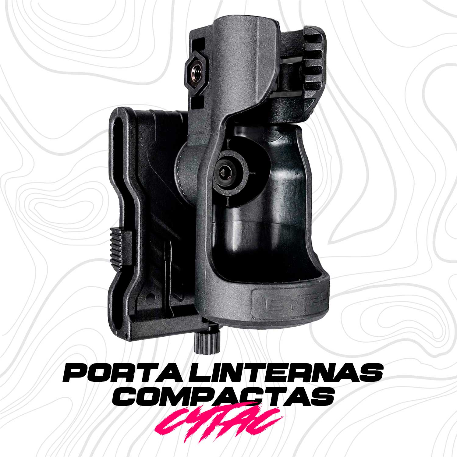 Porta linterna CYTAC se muestra de forma lateral, permitiendo apreciar su estructura de polímero, el soporte para cinturón y su sistema de ajuste.