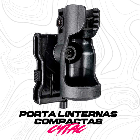 Porta linterna CYTAC se muestra de forma lateral, permitiendo apreciar su estructura de polímero, el soporte para cinturón y su sistema de ajuste.